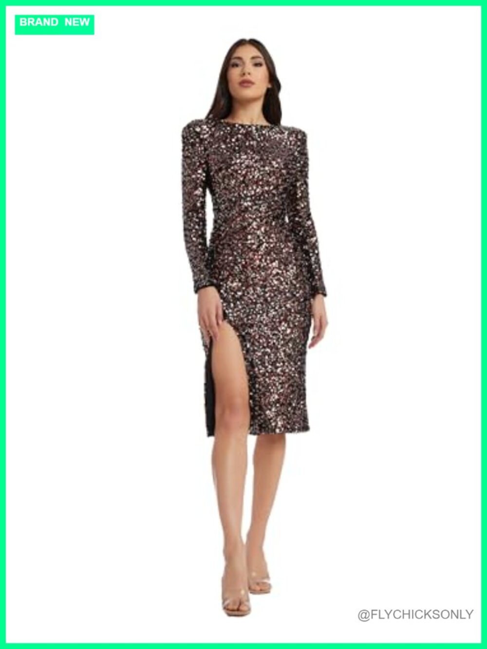 Long Sleeve Sequin Bodycon Midi Dress Side Slit Backless Cocktail Party